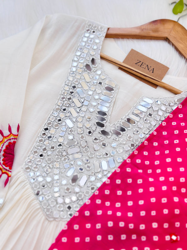 Mul chanderi anarkali mirror work kurti set