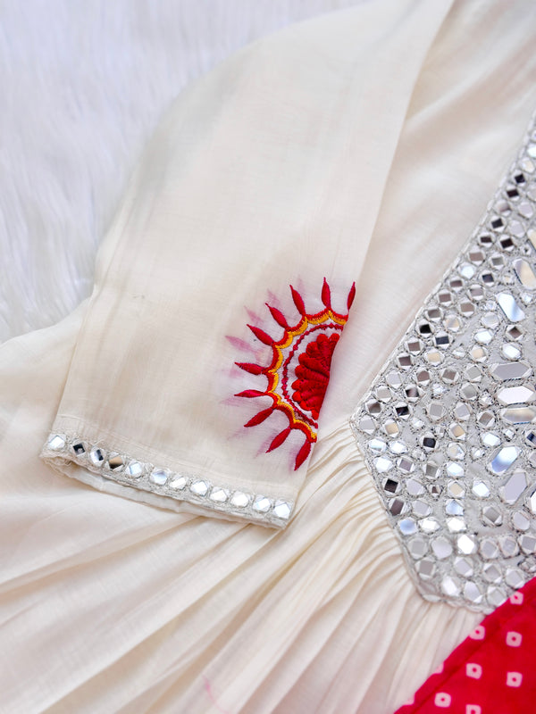 Mul chanderi anarkali mirror work kurti set