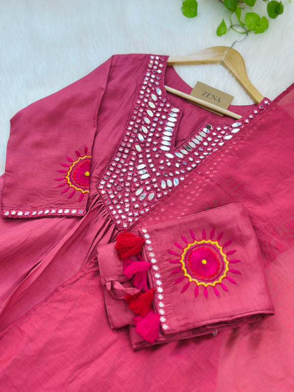 Mul chanderi anarkali mirror work kurti set