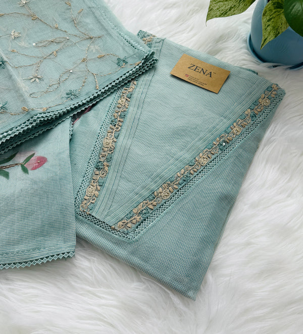 ✨ Kota Doria Hand-Embroidered Unstitched Suit with Kota Doria Dupatta ✨
