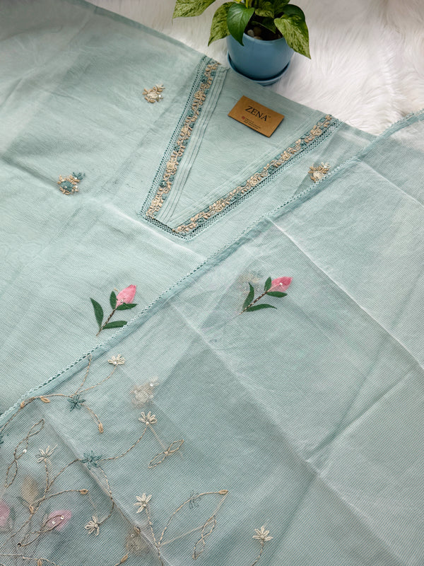 ✨ Kota Doria Hand-Embroidered Unstitched Suit with Kota Doria Dupatta ✨