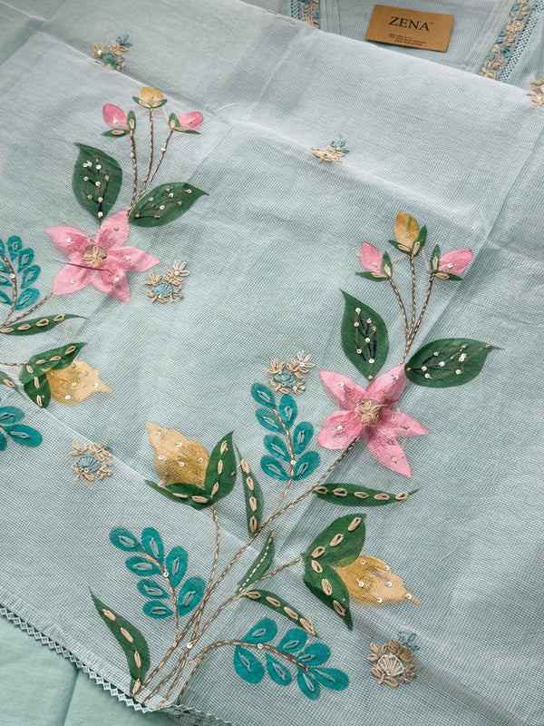 ✨ Kota Doria Hand-Embroidered Unstitched Suit with Kota Doria Dupatta ✨