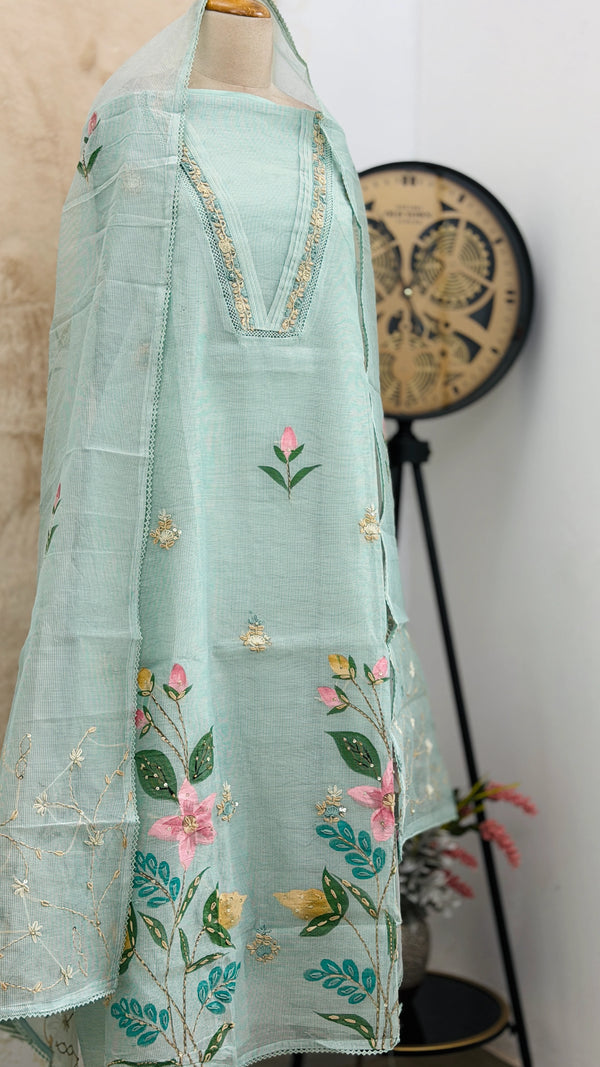 ✨ Kota Doria Hand-Embroidered Unstitched Suit with Kota Doria Dupatta ✨