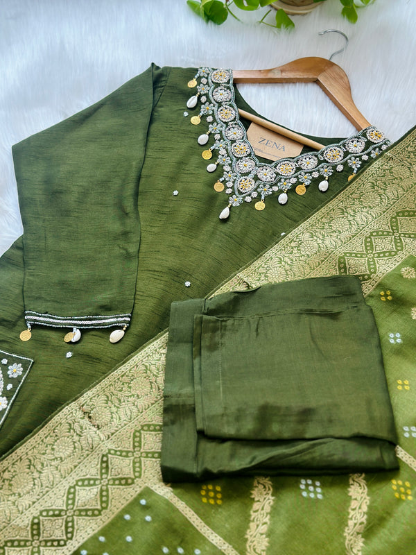 Tissue silk handwork kurti set with Banarasi dupatta