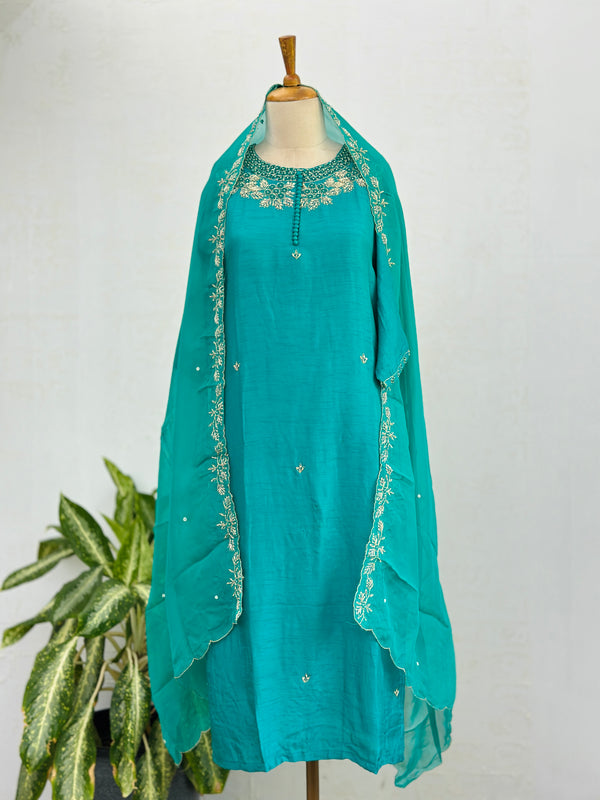 Dola silk hand work kurti set with dupatta organza