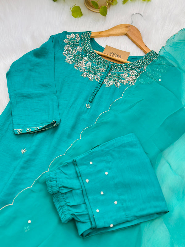 Dola silk hand work kurti set with dupatta organza