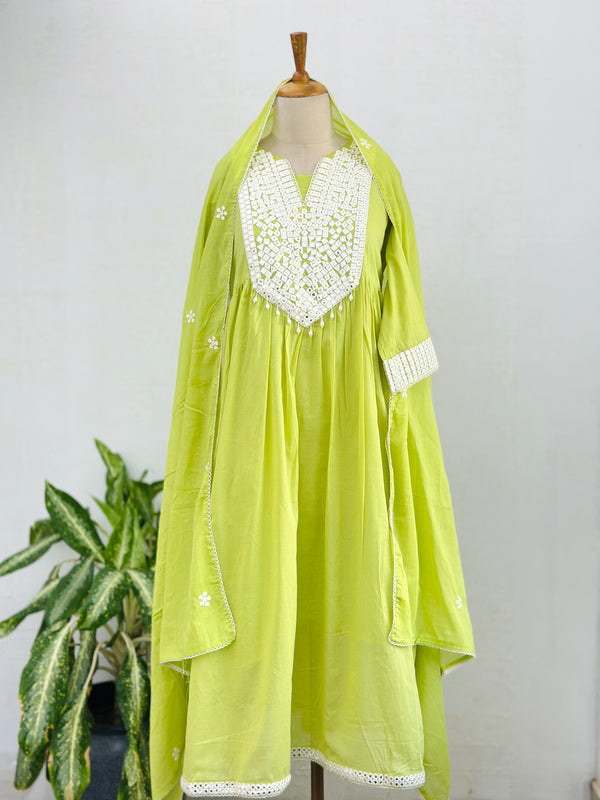 READY TO WEAR PURE MUL COTTON MIRROR WORK ANARKALI KURTI SET ✨