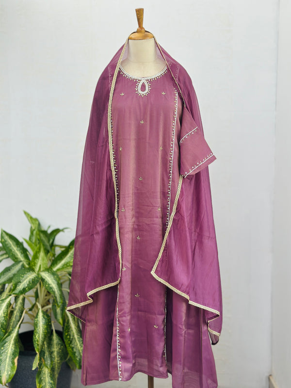 TISSUE SILK A LINE KURTI SET WITH ORGANZA DUPATTA