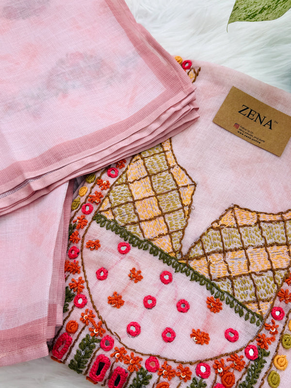 ✨ Linen Silk Hand-Embroidered Unstitched Suit with Kota Doria Dupatta ✨