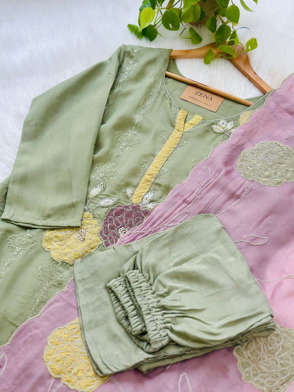 PREMIUM VISCOSE ORGANZA HAND WORK KURTI SET