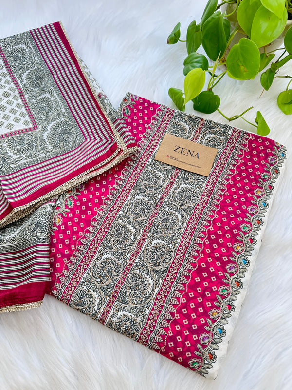 PURE MUSLIN UNSTITCHED SUIT WITH HAND WORK