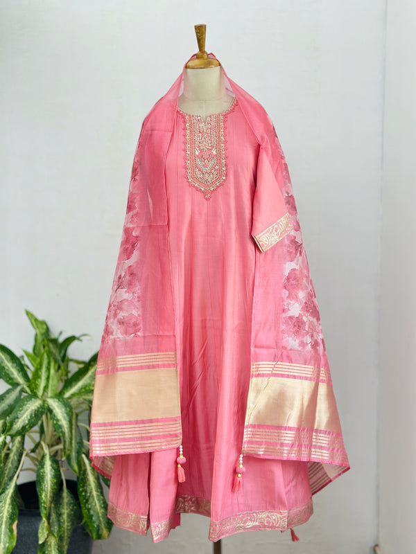 Roman silk hand work Anarkali kurti set