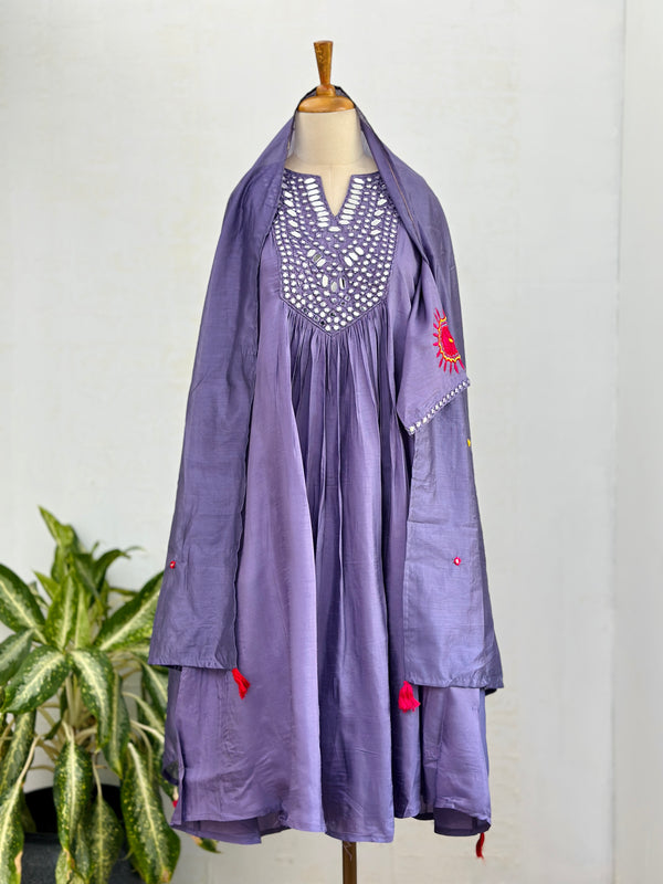 Mul chanderi anarkali mirror work kurti set