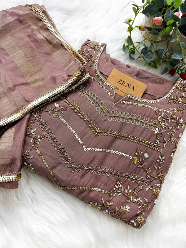 Premium Mul Chanderi Handwork Kurti Set – Top, Bottom & Dupatta