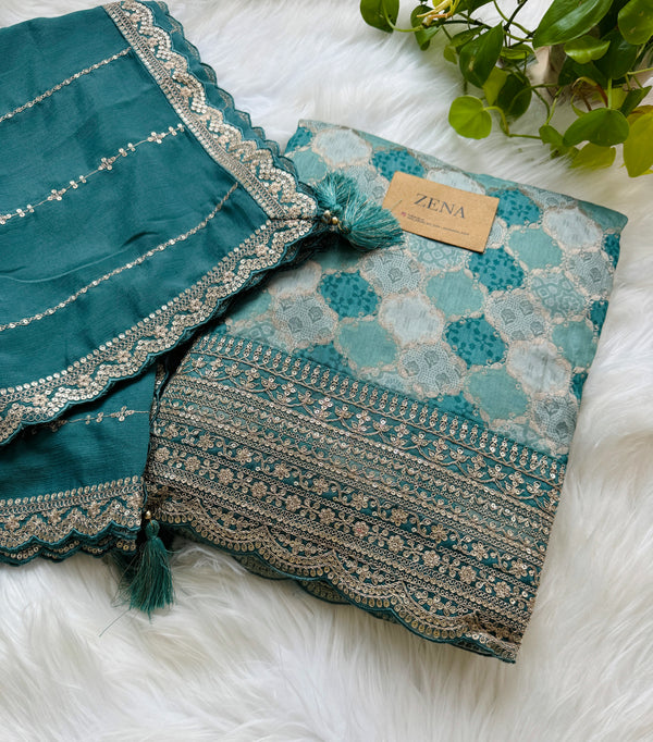 Premium Moga Silk Jacquard | Handwork Suit with Silk Georgette Dupatta