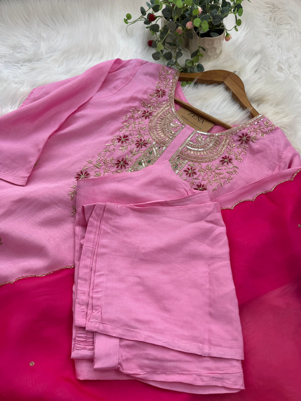 ✨ Pure Dola Silk Handwork Party Wear Suit with Organza Dupatta ✨