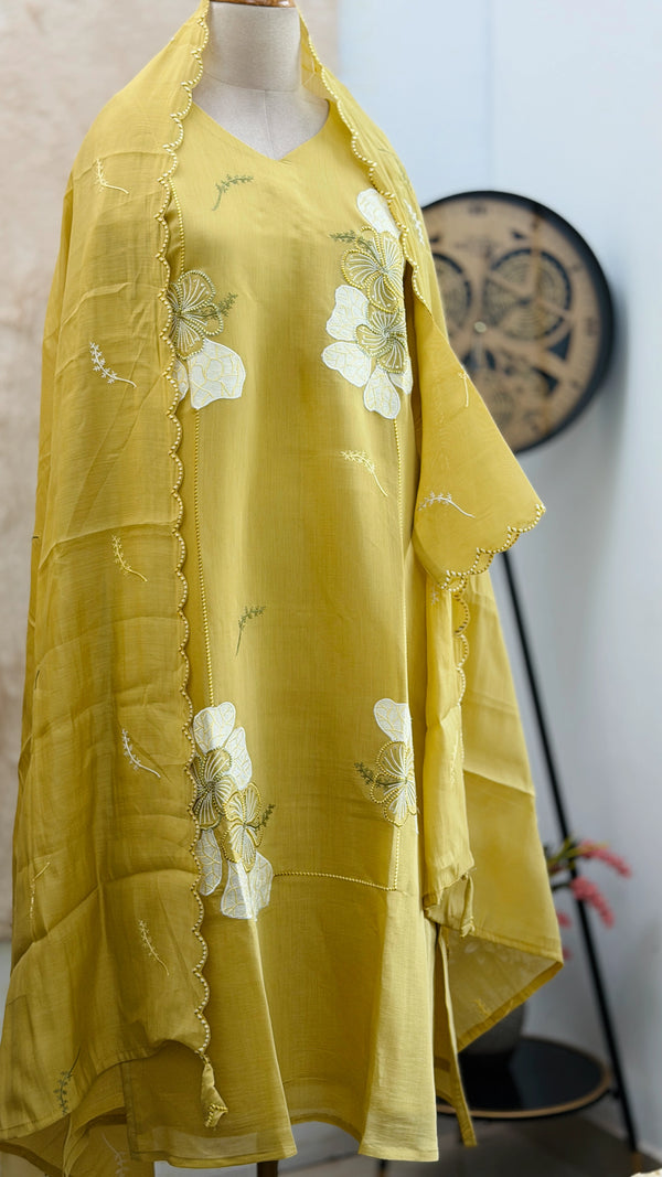 ✨ Mul Chanderi Appliqué Work Kurti Set ✨