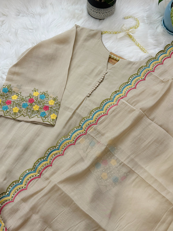 ✨ Mul Chanderi Embroidered A-Line Kurti Set ✨