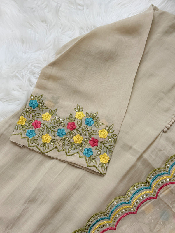 ✨ Mul Chanderi Embroidered A-Line Kurti Set ✨