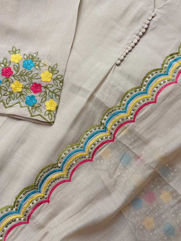 ✨ Mul Chanderi Embroidered A-Line Kurti Set ✨