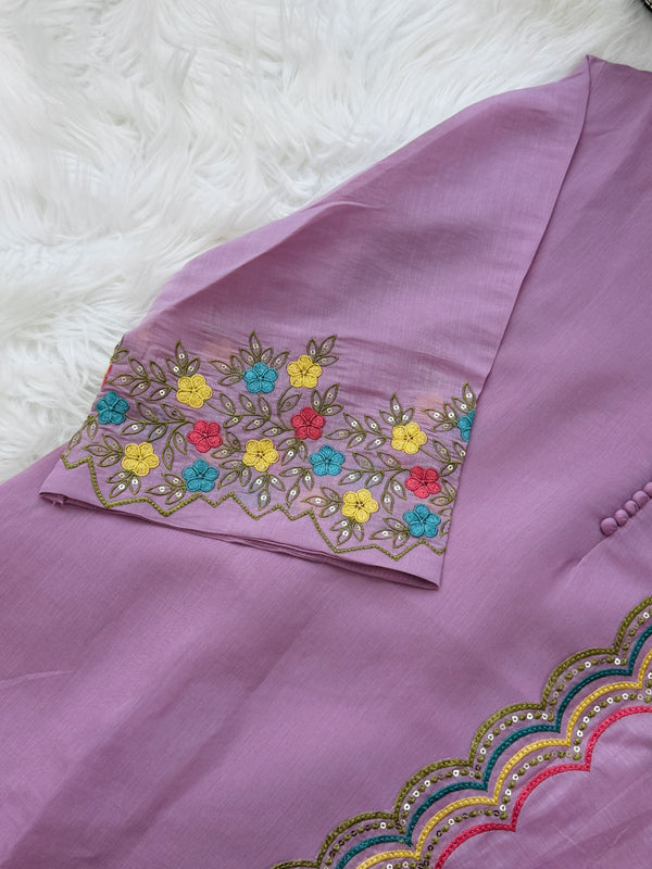 ✨ Mul Chanderi Embroidered A-Line Kurti Set ✨