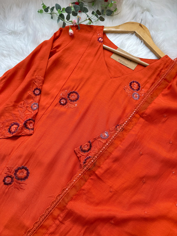 ✨ Mul Chanderi Embroidered A-Line Kurti Set ✨
