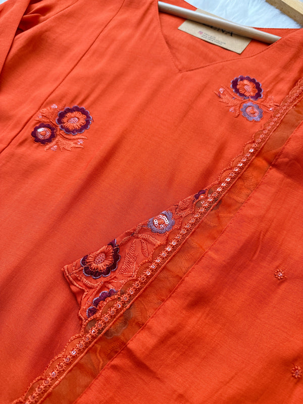 ✨ Mul Chanderi Embroidered A-Line Kurti Set ✨