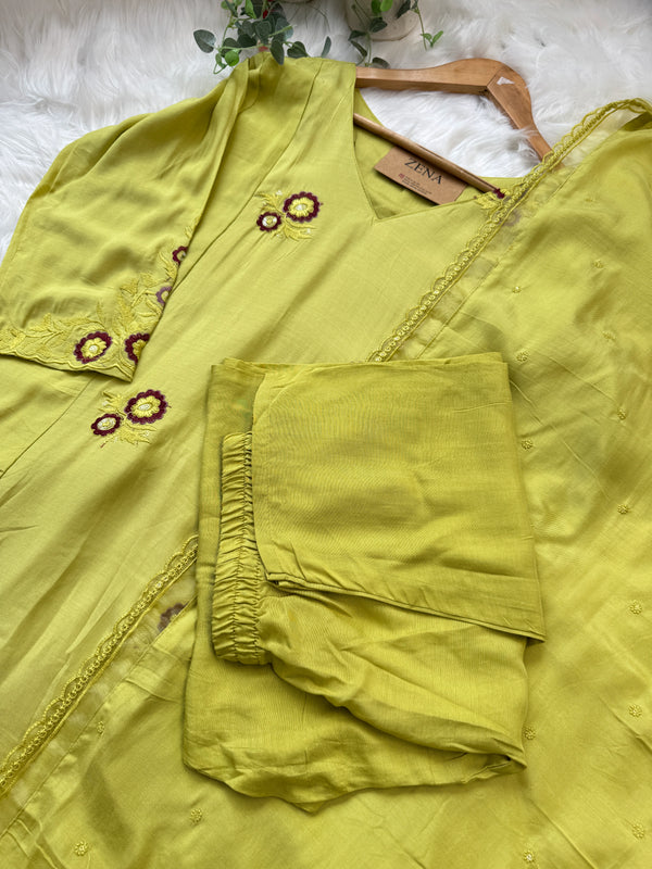 ✨ Mul Chanderi Embroidered A-Line Kurti Set ✨