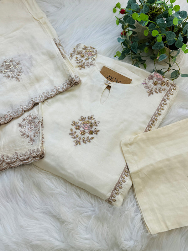 Mul chanderi handwork a-line Kurti set