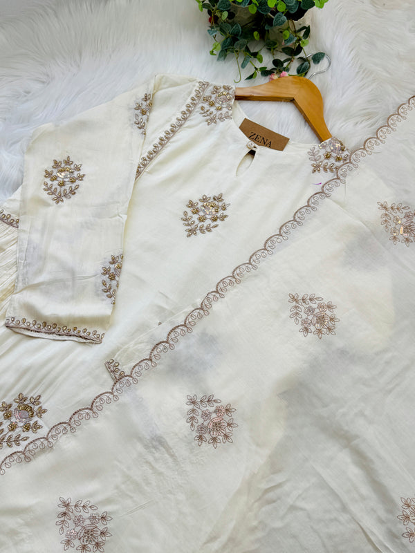 Mul chanderi handwork a-line Kurti set