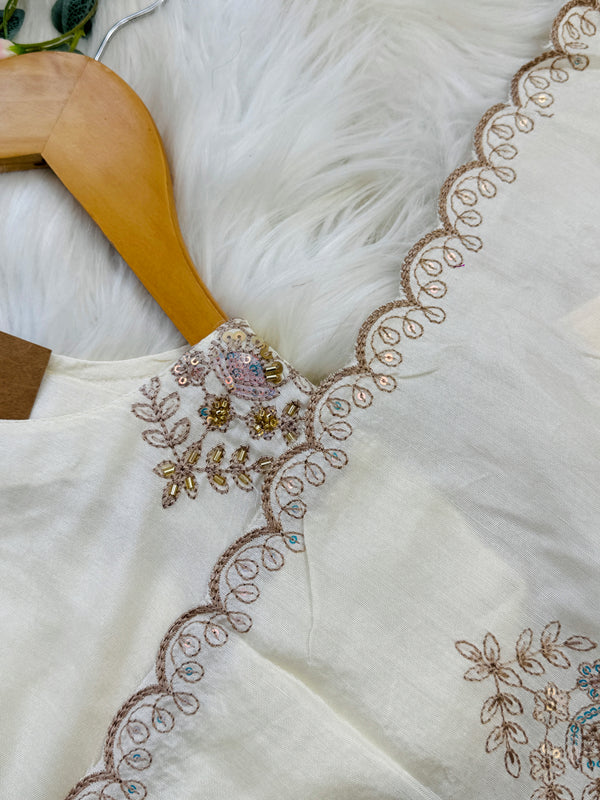 Mul chanderi handwork a-line Kurti set