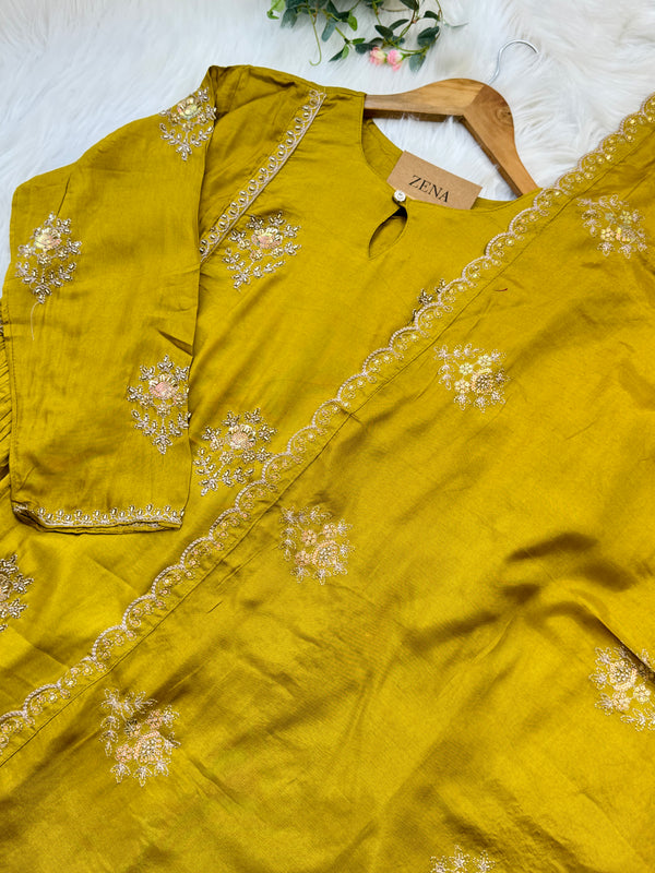 Mul chanderi handwork a-line Kurti set