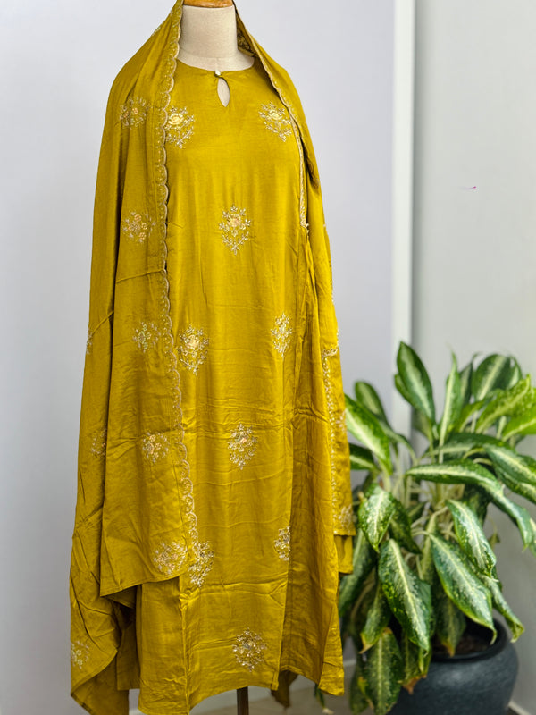 Mul chanderi handwork a-line Kurti set