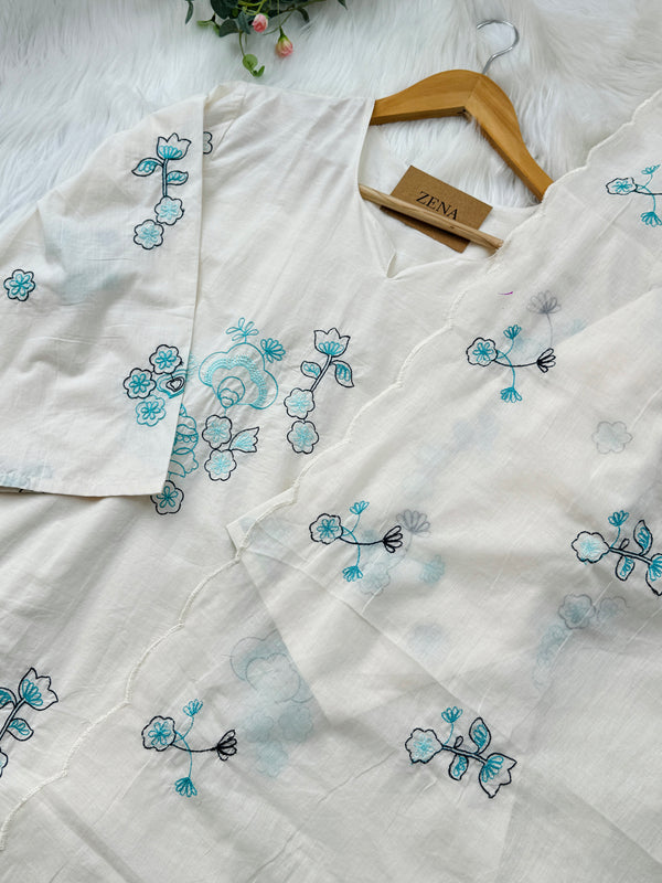 Pure Mul Cotton Embroidered Kurti Set – Elegant & Comfortable