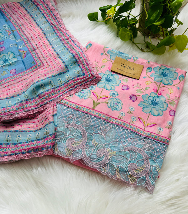 Pure Muslin Digital Printed Suit with Pure Chinnon Digital Printed Organza Border Dupatta