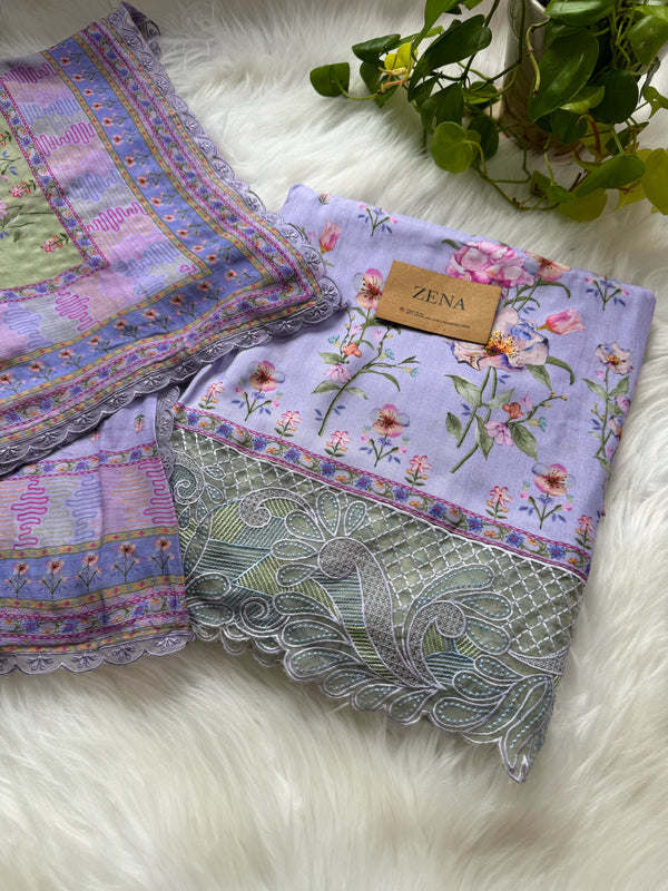 Pure Muslin Digital Printed Suit with Pure Chinnon Digital Printed Organza Border Dupatta