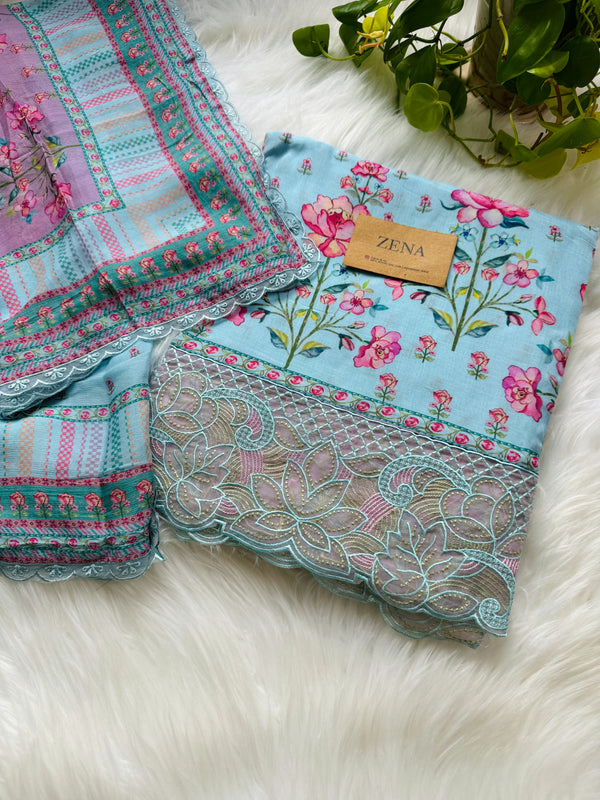 Pure Muslin Digital Printed Suit with Pure Chinnon Digital Printed Organza Border Dupatta