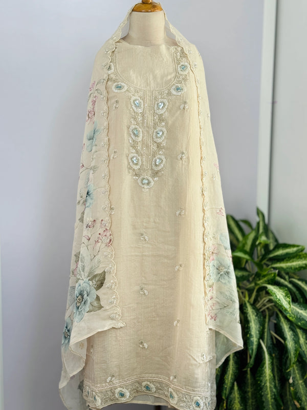 Unstitched Tissue Silk Party Wear Suit with Organza Dupatta