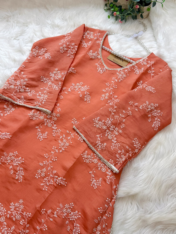 ✨ Glass Chanderi Embroidered A-Line Kurti Set ✨