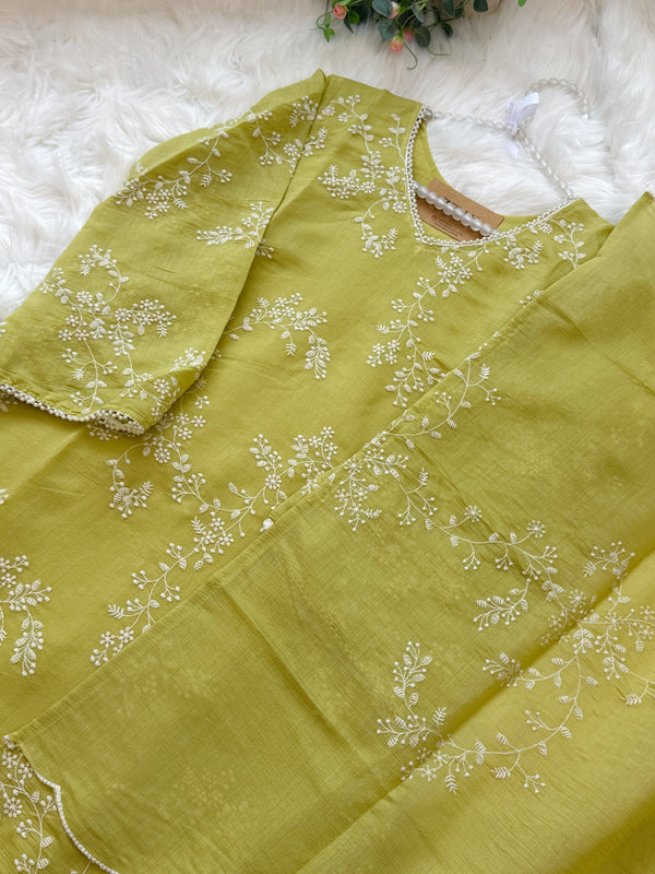 ✨ Glass Chanderi Embroidered A-Line Kurti Set ✨