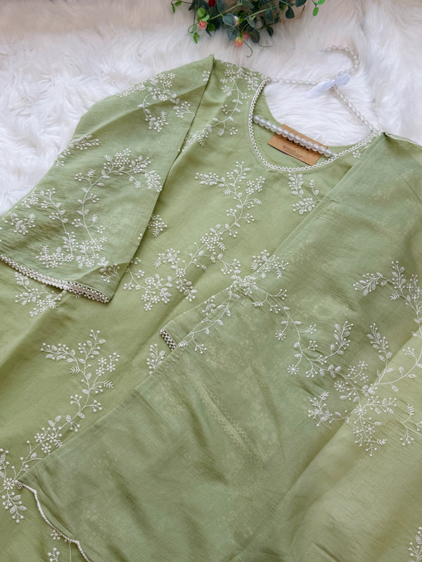 ✨ Glass Chanderi Embroidered A-Line Kurti Set ✨