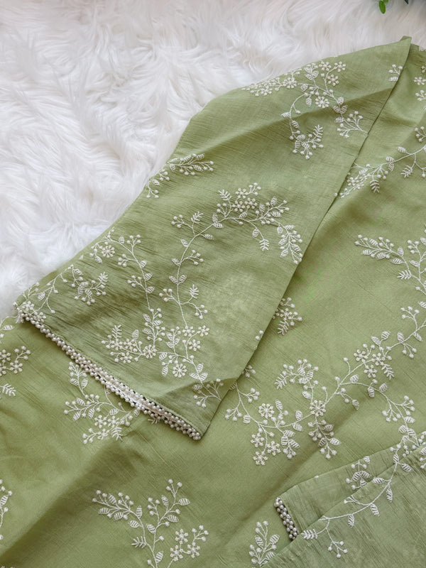 ✨ Glass Chanderi Embroidered A-Line Kurti Set ✨
