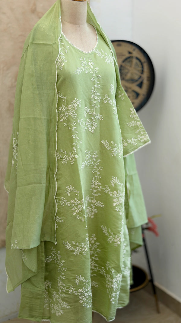 ✨ Glass Chanderi Embroidered A-Line Kurti Set ✨