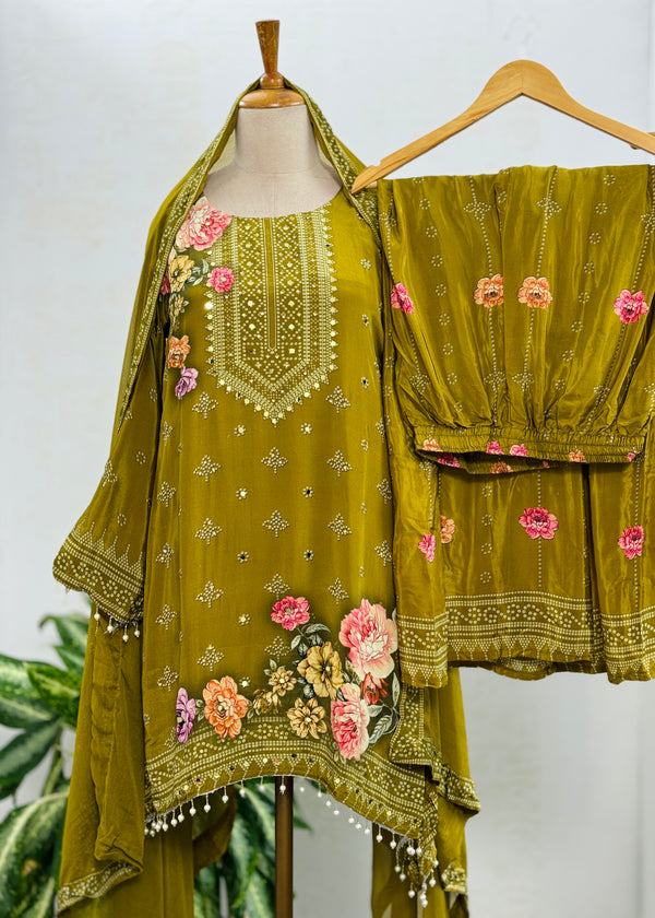 Pure Chinon Partywear Sharara Suit with Sharara Pants – Celebrate in Flowing Elegance