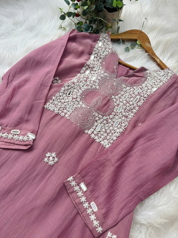Premium Mul Chanderi Hand-Embroidered Mirror Work Kurti