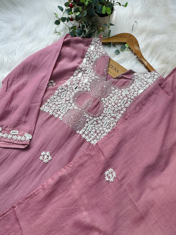 Premium Mul Chanderi Hand-Embroidered Mirror Work Kurti