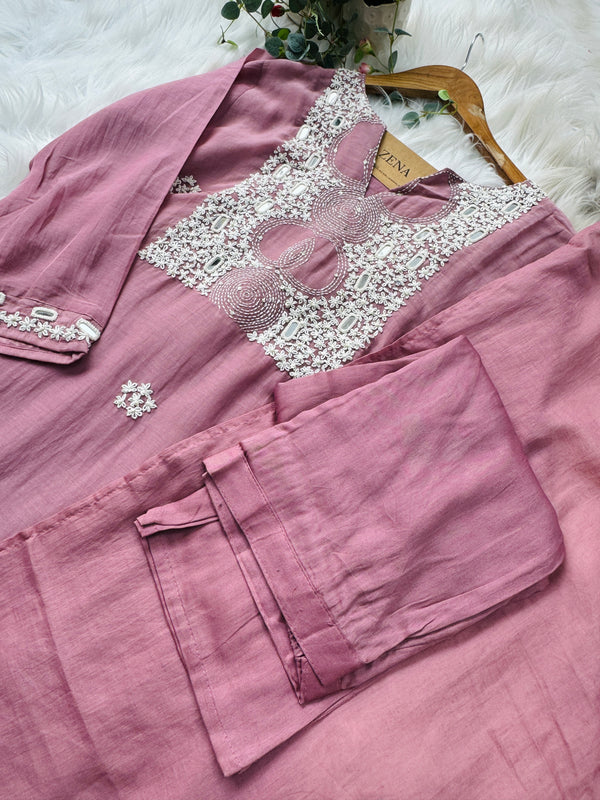 Premium Mul Chanderi Hand-Embroidered Mirror Work Kurti