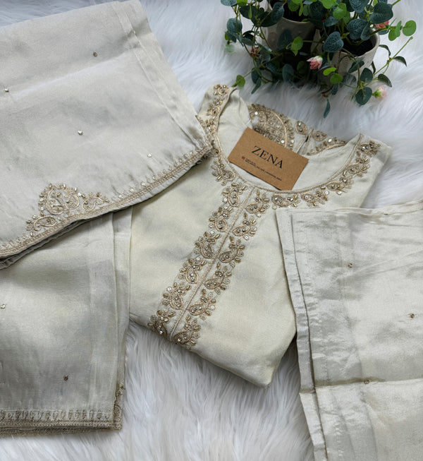 Pure Tissue Silk Hand-Work Party Wear Kurti Set