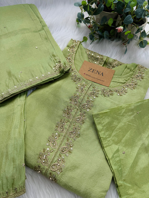 Pure Tissue Silk Hand-Work Party Wear Kurti Set