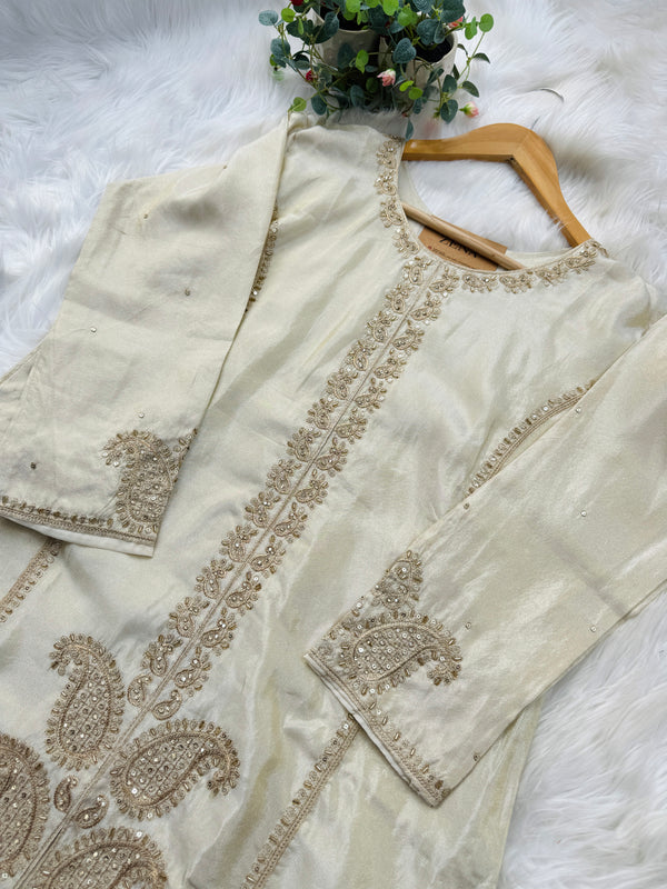 Pure Tissue Silk Hand-Work Party Wear Kurti Set